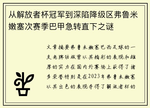 从解放者杯冠军到深陷降级区弗鲁米嫩塞次赛季巴甲急转直下之谜